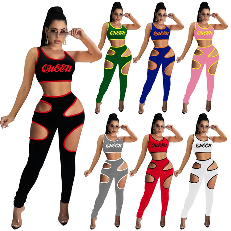 

Wholesale Sexy Lady Yoga Tracksuit Vest Crop Tops Hollow Out Long Pants Summer Gym Workout Women Two Piece Set, Picture color