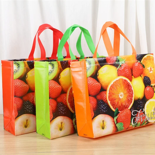 

2021 Hot Selling Eco Friendly Fruits Printed Handled Non Woven Shopping Tote Bags