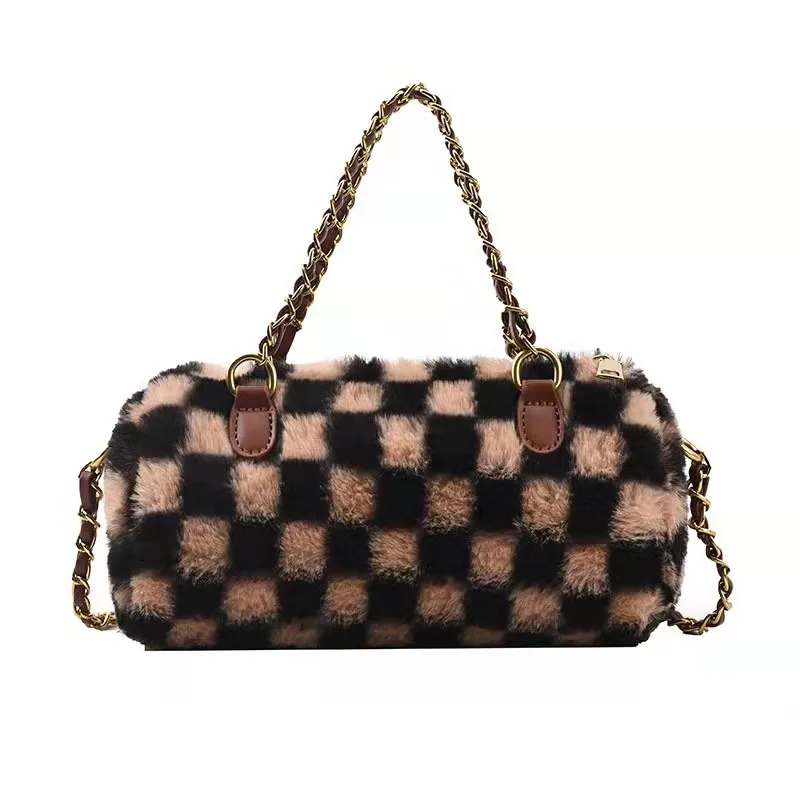 

2021 Fashion Designer Plush Plaid Cylinder Shoulder Bags Women Handbags Ins Popular chain messenger bag