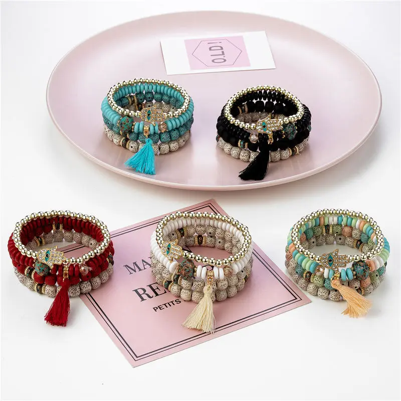 

Hot selling bohemian national style tassel beaded jewelry nature stone bracelet, As pic
