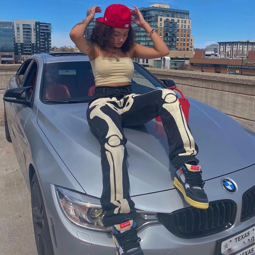 

Skeleton Patterned Jeans Streetwear Women Black Denim Trousers Cyber Y2k Goth Women's Jeans Purple Wind Pants Fall 2021