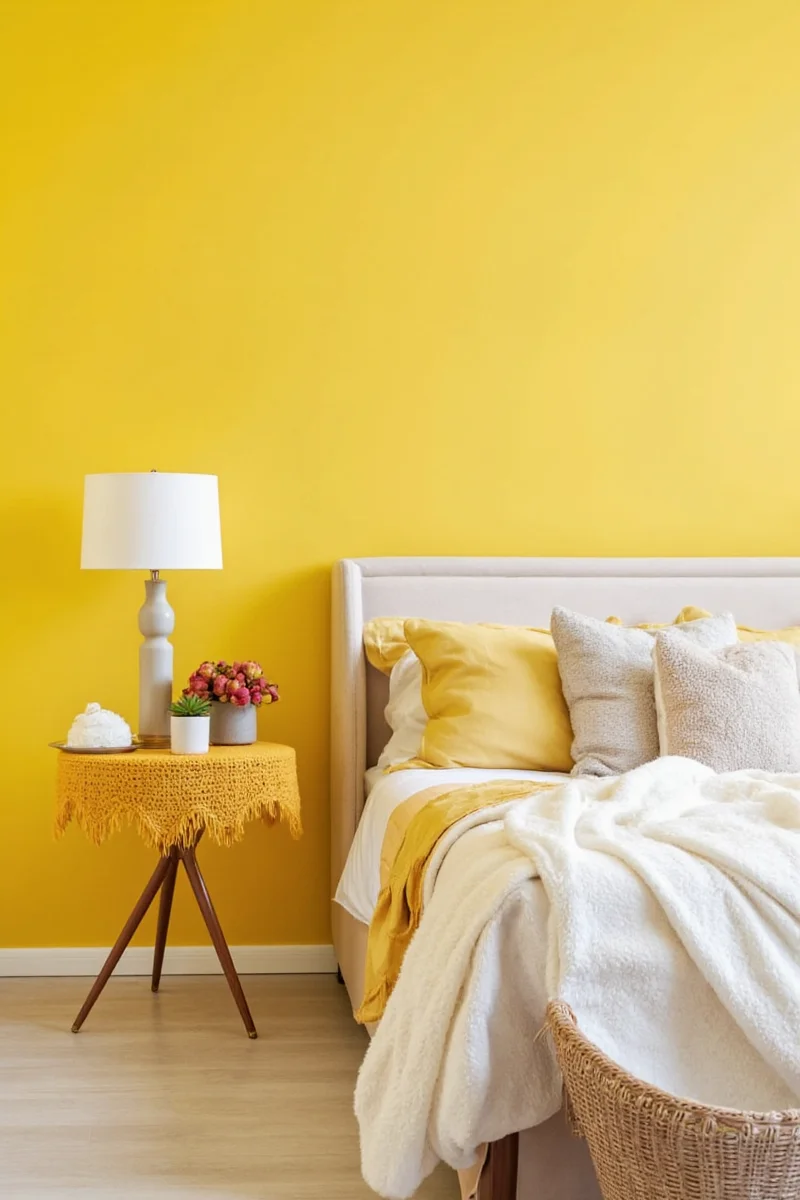Teen bedroom with mustard walls and floating shelves