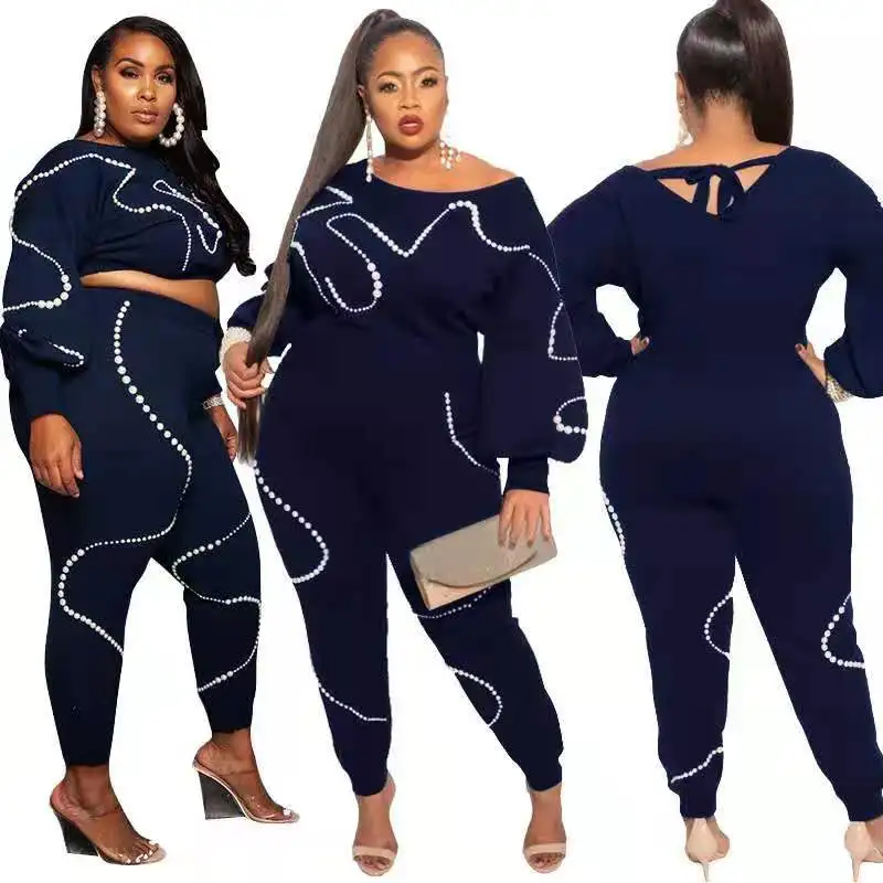 

plus sizes apparel manufacturer women's clothing Foam pearl loose knit fashion family party two-piece suit