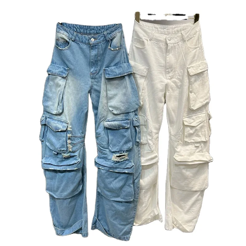 

TWOTWINSTYLE Casual Multi-pocket Denim High Waist Loose Wide Leg Women Cargo Pants