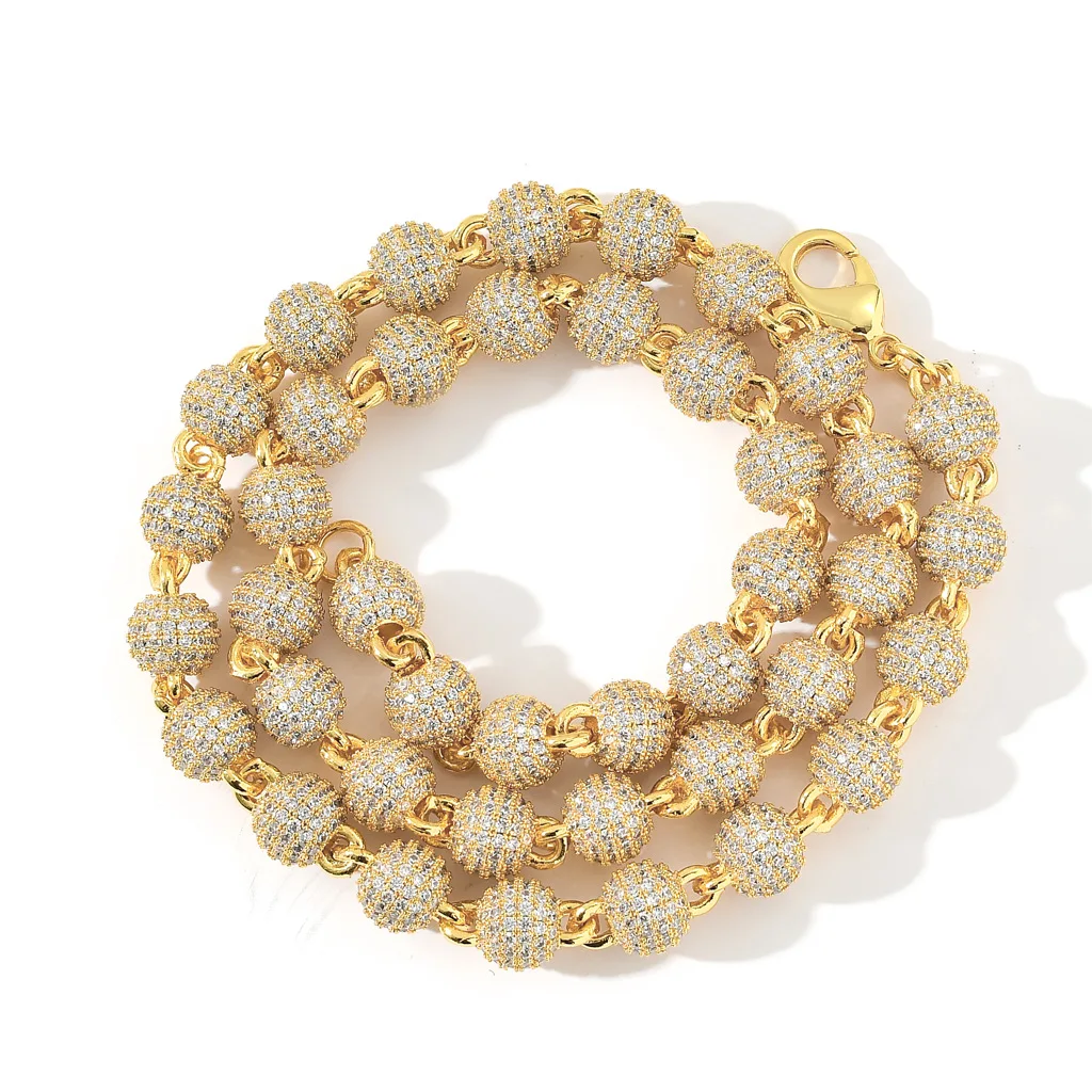 

2021 New Trendy 10mm Gold Silver Iced Out Bling Cz Beads Chain Ball Necklace and Braclet Jewlery, Silver/gold