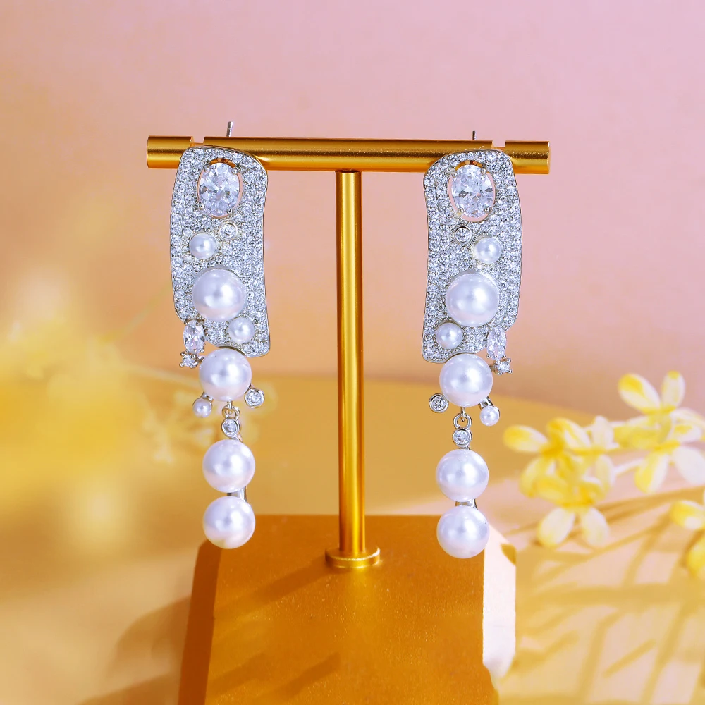 Symmetrical Luxury Jewelry White Cubic Zirconia Paved Lady Wedding Pageant Engagement Imitation Pearl Long Dangle Drop Earrings