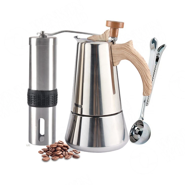 

4 6 cup Stainless Steel Stovetop Mocha Pot espresso coffee maker with wooden handle, Induction, gas or electric cooktop suitable, Customized color
