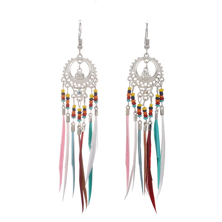 

Wholesale Colorful Rice Beads Earrings Feather Tassel Earrings Bohemian Earrings for Women, Picture shows