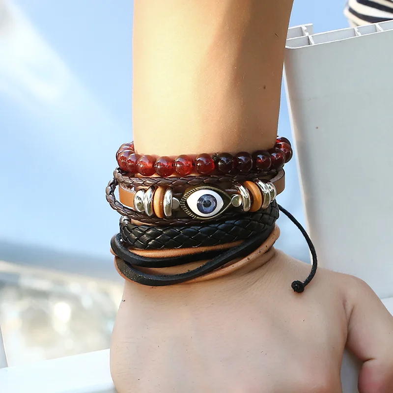 

DIY Charms Beads Multi Layer Bracelet Men Weave Multilayer PU Leather Eye Bracelet For Hips Hops Jewelry