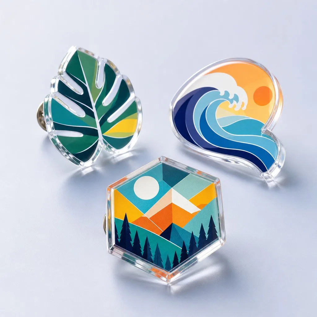 High precision custom acrylic badges featuring crystal clear optical clarity and sealed sandwich UV printing
