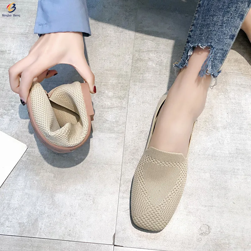 

Wholesale square toe woven fly knitting woman shoes slip on shoes flat shoes women