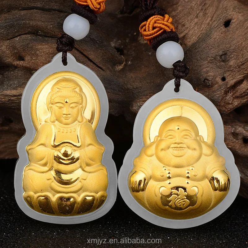 

Certified 3D Gold Inlaid With Hetian Jade Blessing Love Guanyin Buddha Pendant Jade Factory Direct Sales