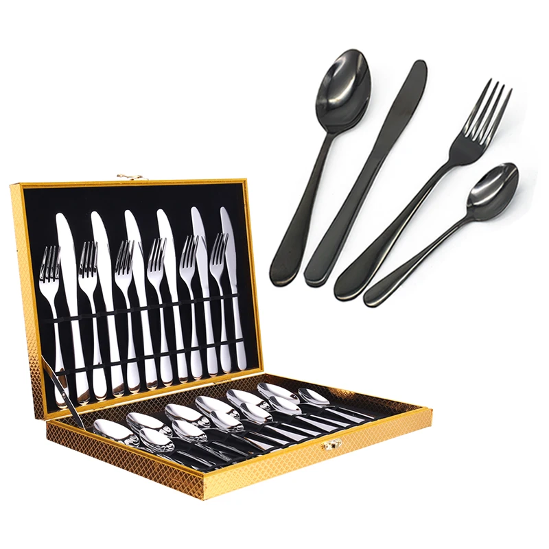 

4pcs 24pcs Cutlery Set Stainless Steel Silver Gold Black Spoon Fork Knife Teaspoon with Wooden Box for Home Hotel Gift