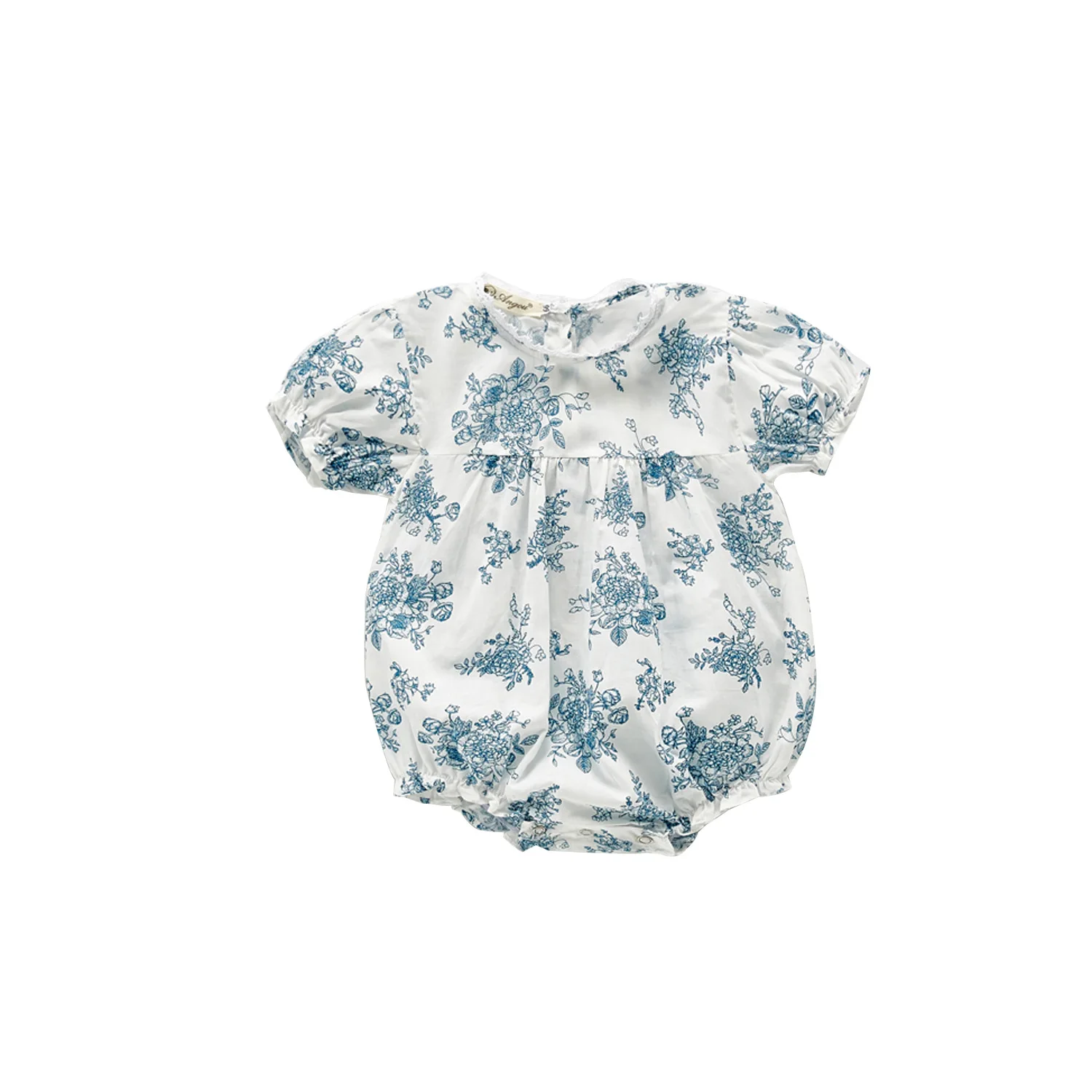 

Summer Baby Girl Short Sleeve Hand-painted Blue Flower Outfits Baby Retro Cute Romper, Picture