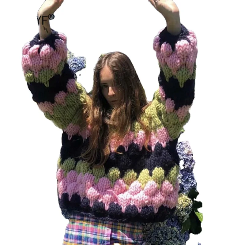 

2021 New Winter Thick Knitting Contract Color High-quality Sweater Coat Oversize Loose Cardigan Fashion Pullover for Women