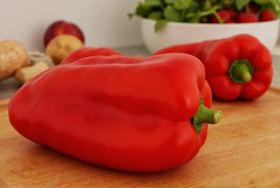 Close-up of red Apollo peppers on cutting board with cooking ingredients