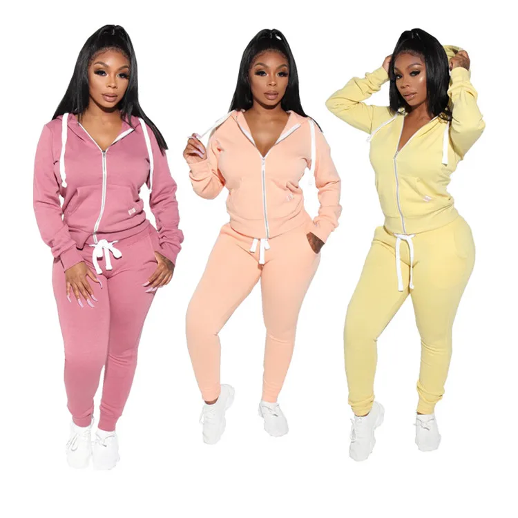 

Casual Streetwear Ladies Sports Suit Two Piece Set Solid color Women 2 Piece Set Zip Up Hoodie And Pants, As picture