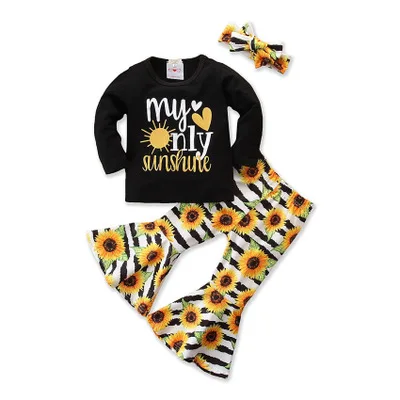 

3pcs Kids Baby Girls Clothes My Only Sunshine Shirt Flare Pants Bow Headband Outfits Children Girl Sunflower Print Clothing Set