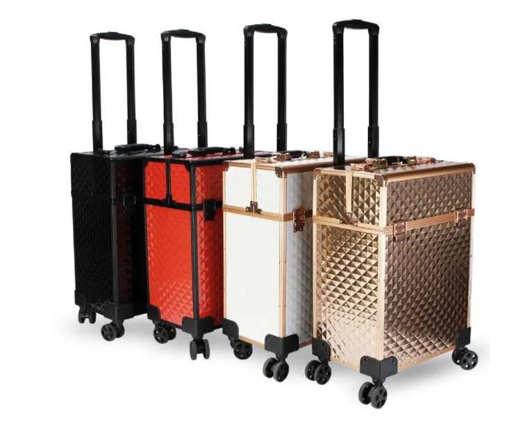 

Gold Professional Rolling Wheel Trolley Makeup Case Trolley Cosmetic Case Aluminum Alloy Mute Universal Makeup Case With Wheel, As show