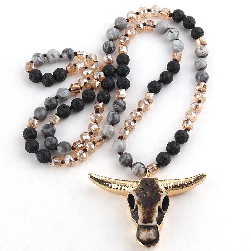 

Fashion Jewelry Multistone Long Knotted Handmade Cow Head Pendant Necklace Amazonite Bull Horn Skull Head Mala Necklace