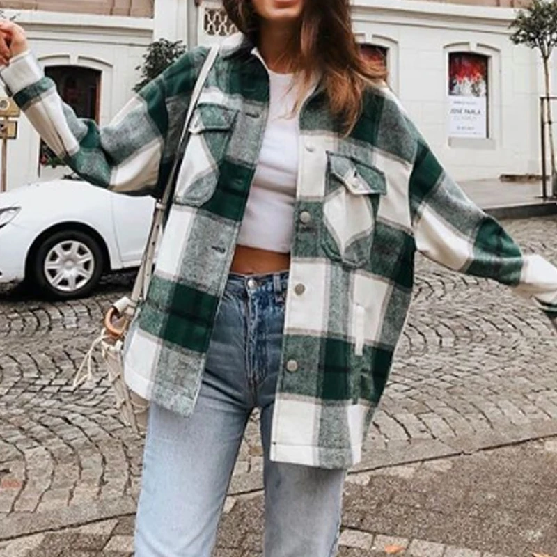 

Winter Green Plaid Pocket Oversized Lapel Autumn Shirts Coats Women Streetwear Long Leeve Thick Wool Coat Fashion Jacket Coat