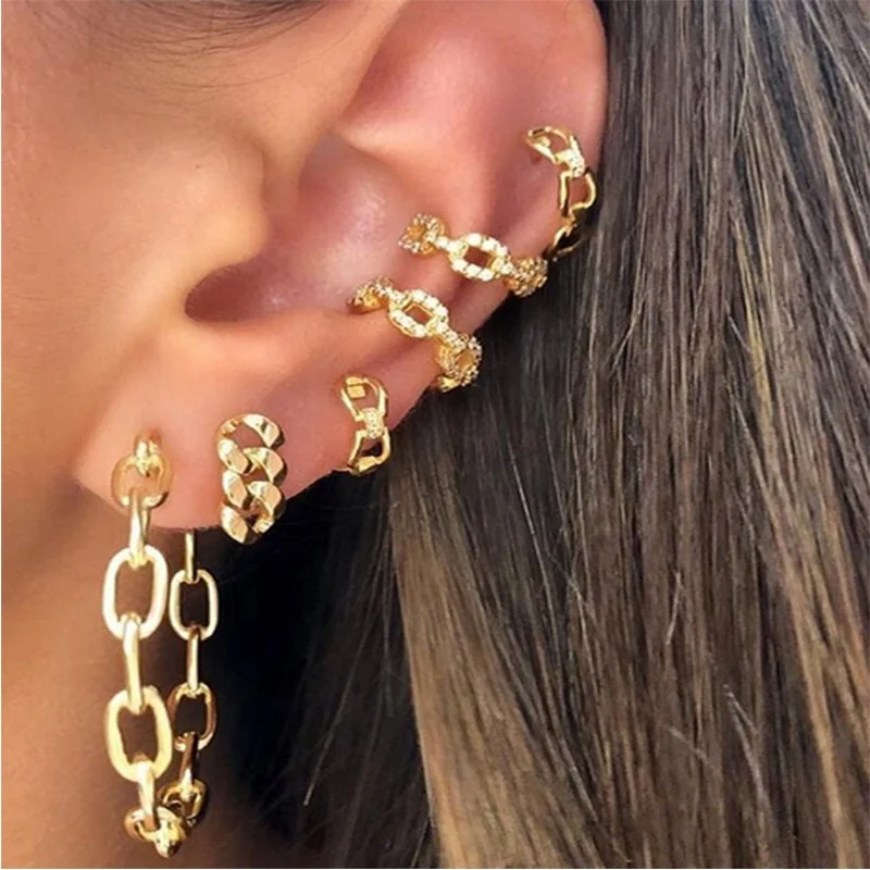 

Free Shipping Jewelry 6 PCS/Sets Plated 18K Gold Chain Cuff Earring Fashion Women Chain Earring Set