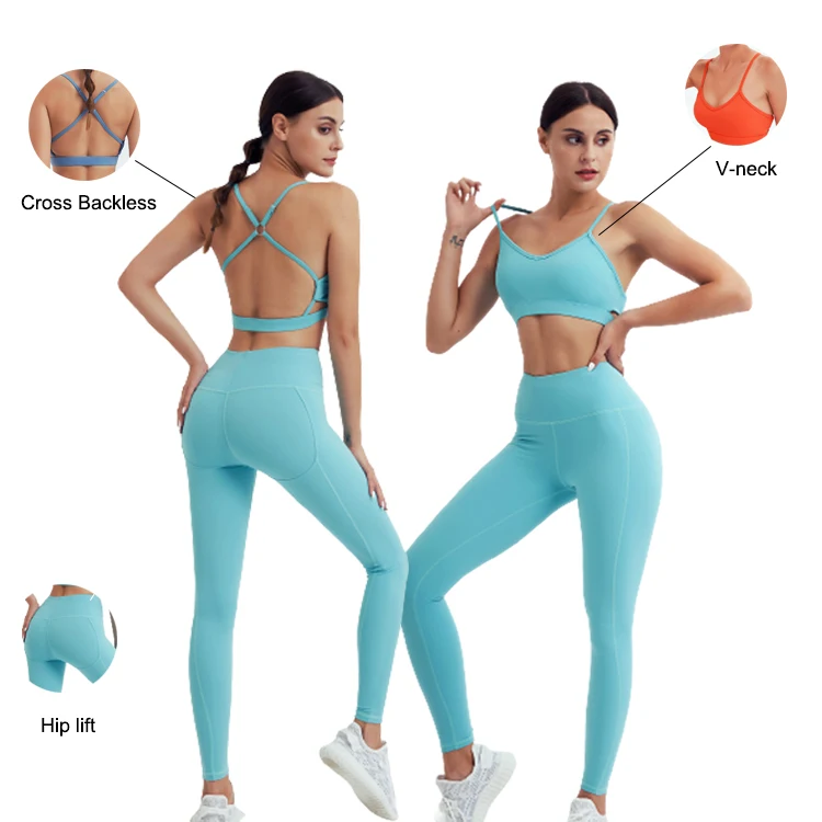 

Low MOQ Double Sided Brushed Running Sports Suit Compression Nude Feel Yoga Sets Gym Fitness Sets