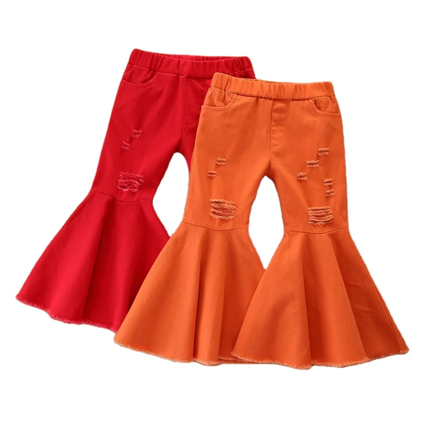 

Ins childrens clothing Christmas red flares brim joker ripped jeans of the girls kids bell bottom pants for wholesale, As pic shows, we can according to your request also