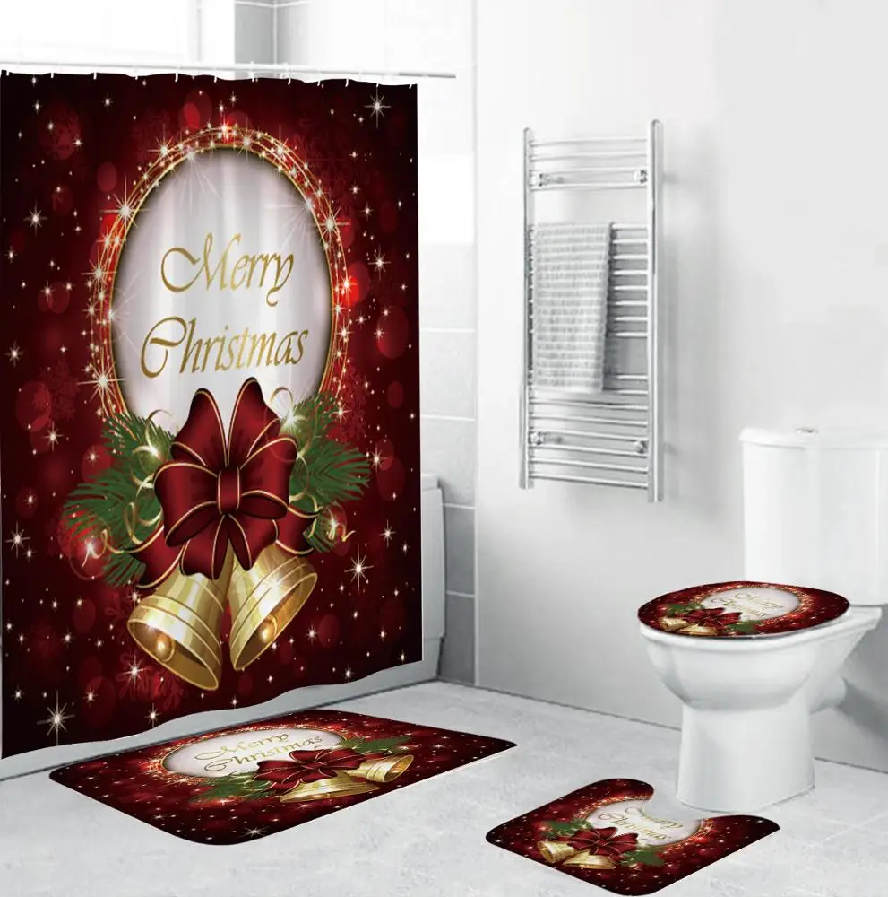 

4Pcs EUR 3D Designer Christmas Printed Bathroom Shower Curtain Waterproof Toilet Partition Curtain Set With Rugs, Custom color