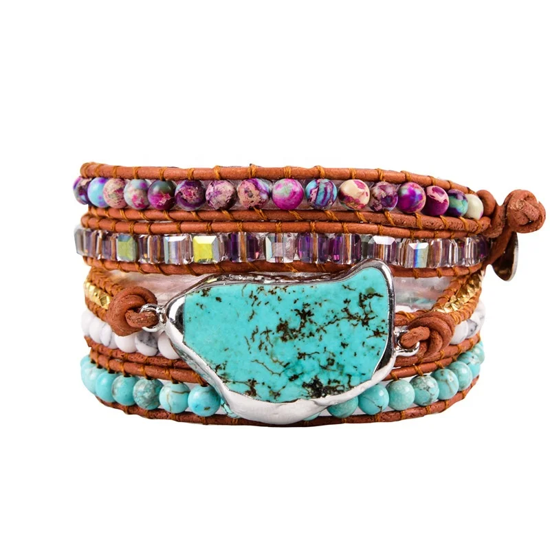 

5 Layers Turquoise Natural Stone Beads Handmade Bohemian Jewelry Adjustable Bracelet for Women