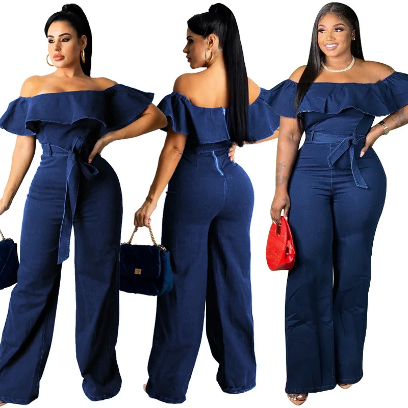 

Hot Sale Fashion Women Denim Jumpsuit 2022 Ladies Sexy Falbala Off Shoulder Wide Leg Pants Elegant Plus Size Jean Jumpsuit Women, Dark blue