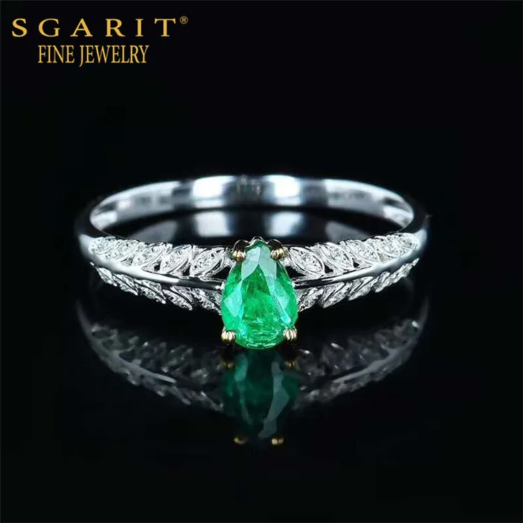 

SGARIT engagement ring custom manufacturer wholesale classic pear 0.33ct vivid green natural emerald ring 18k gold jewelry women