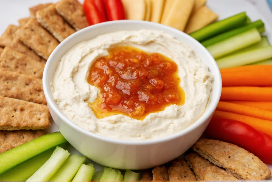 Perfectly layered red pepper jelly and cream cheese dip in ceramic dish surrounded by assorted crackers and fresh vegetables