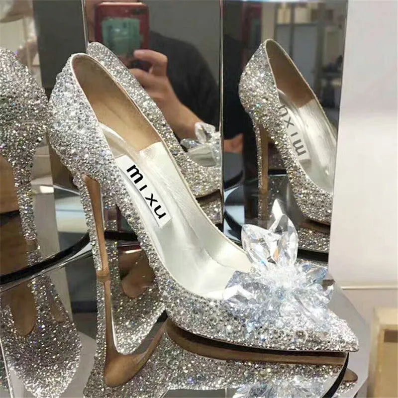 

2021 Wedding Shoes Female White Drill Rhinestone Crystal Shoes Stiletto Pointed Red Bridal Shoes Fashion High Heels