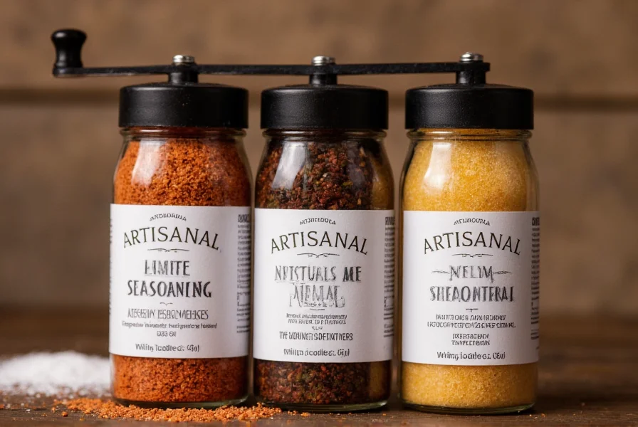 Artisanal liquid seasonings displayed with traditional salt and pepper grinders