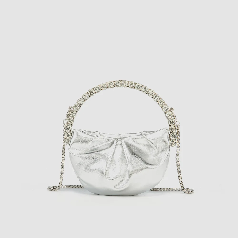 

New diamond ring dinner bag pleated round bag diamond-encrusted mini chain bag