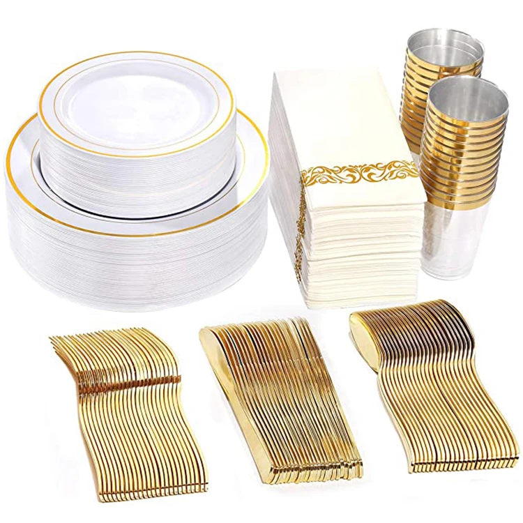 

350 Pieces Gold Plastic Plates with Disposable Silverware and Cups Flatware Cutlery Set