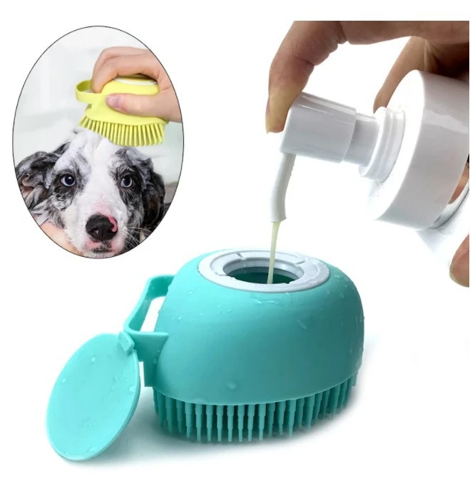 

A303 Baby Pet Dog Cat Bath Massage Brush Shampoo Dispenser Soft Silicone Brush Rubber Bristle for Dogs and Cats Shower Grooming