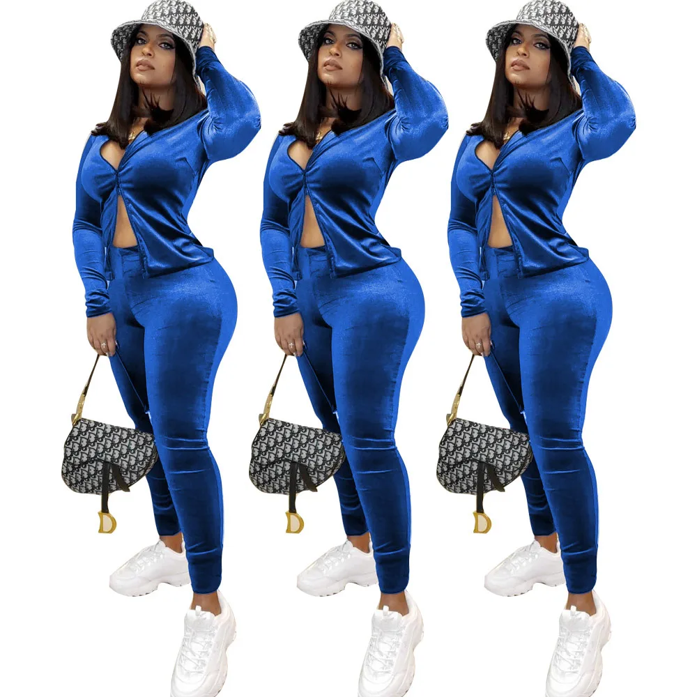 

Wholesale Ladies Suit Fashion Solid Color Slim Long-sleeved Zipper Sweatshirt Trousers Two-piece Casual Sports Suit Women