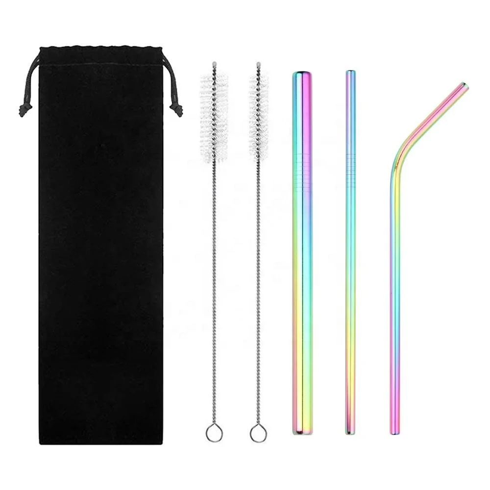 Reusable Rainbow Rose Gold Colorful Metal Drinking Straws Stainless Steel Straight and Bent Straw Set Cleaner Brush Kit