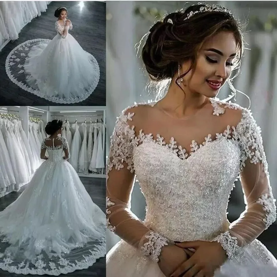 

2021 Luxury Shiny Wedding Dresses Lace Applique Pearls Illusion Tulle Bride Gown Full Sleeves Buttons Back Princess Wedding Gown, Champagne,lvory