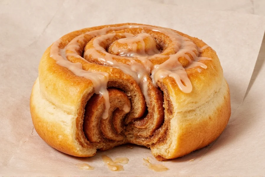 Freshly baked McDonald's cinnamon roll with icing drizzled on top, showing the spiral cinnamon pattern inside