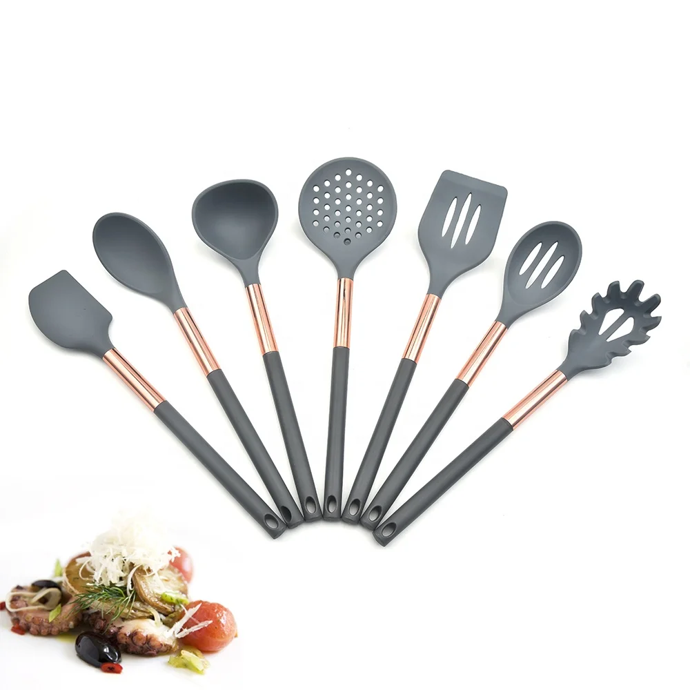 

Wholesale 7PCS Silicone kitchenware with rose gold handle Kitchen cooking tools utensil sets