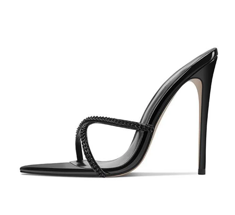 

Chaussures Femmes New Design Cross Strap Metal Chain Summer High Heel Sandals Pointed Toe Stilettos Ladies Heels for Women, Black,nude