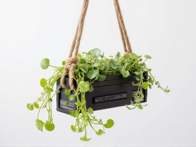 Commodore 64 upcycled into hanging planter with trailing plants and recycled rope