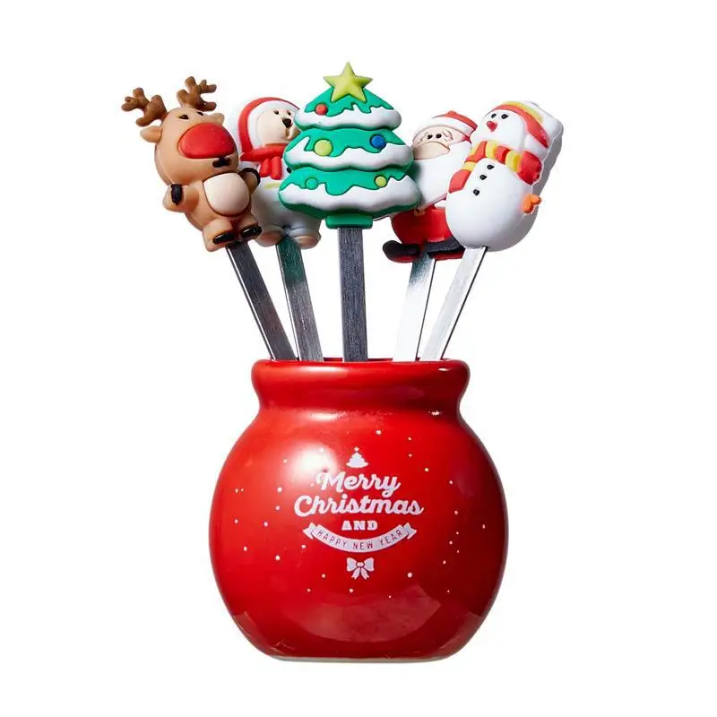 

5Pc/Set Cute Mini Christmas Stainless Steel Fruit Fork Set With Silicone Handle