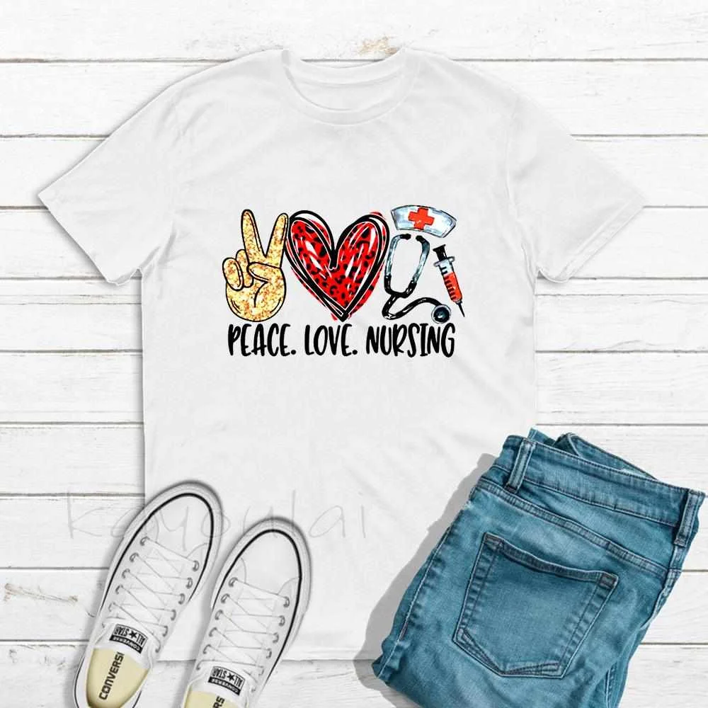 

Peace Love Nurse Women Graphic T-shirts Nurse School Oversized Women Shirt