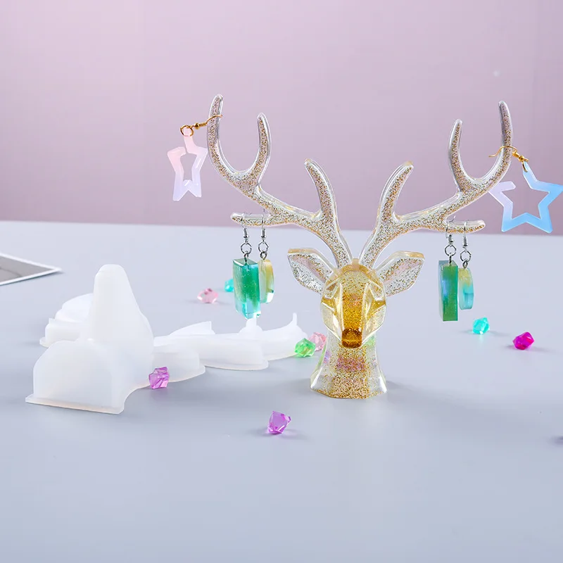 

Hot selling food grade epoxy resin silicone mold diy epoxy antler decoration mold handmade mirror Christmas deer, White