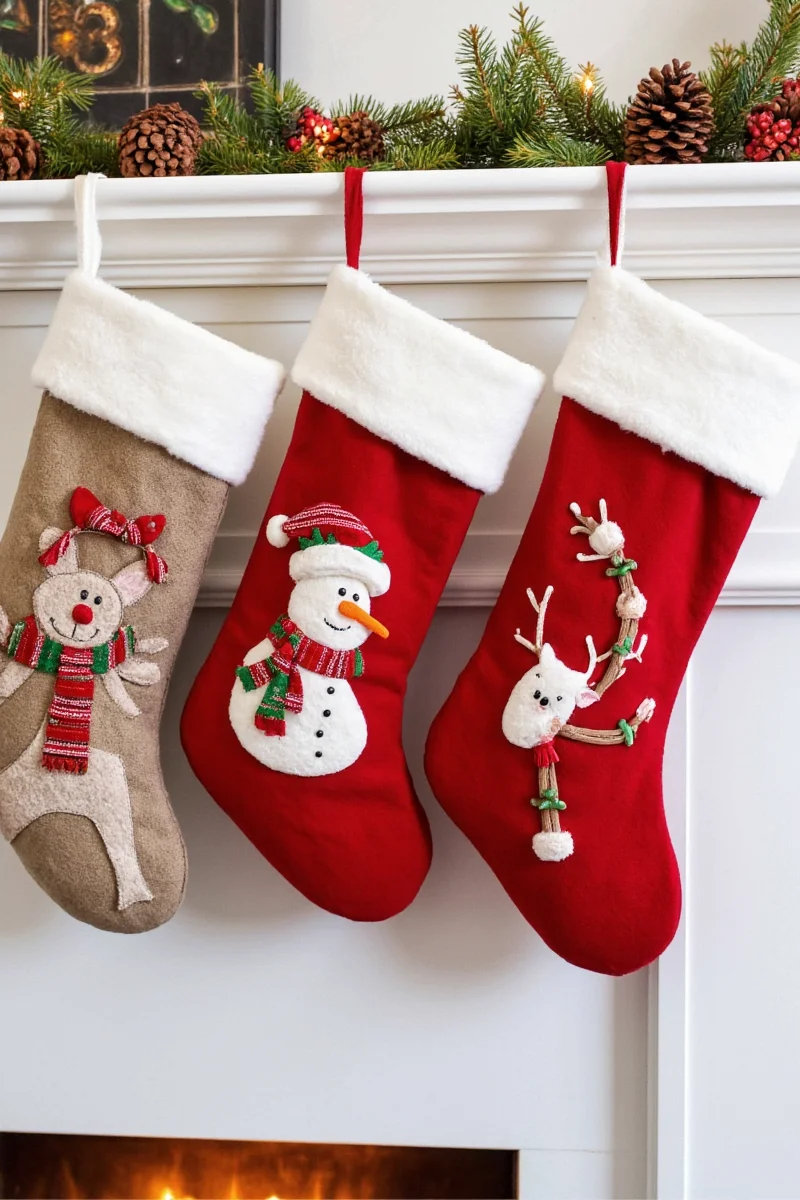 Christmas stockings displayed on a floating shelf