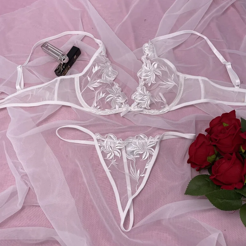 

2021 Sexy Lenceria Ladies White Flowery Embroidery Lace Transparent Bra and G-string Erotic Lingerie Set, Picture shown